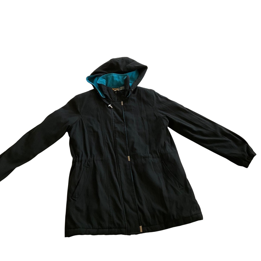 London Fog Parka Jacket Women L Black Teal Floral Quilted Hooded Cinched Waist